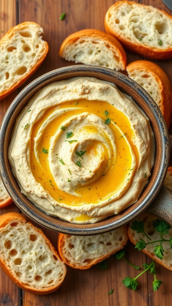 Savory Homemade Bread Dip Recipe A bowl of savory homemade bread dip with garlic and herbs, served with slices of crusty bread on a wooden table.